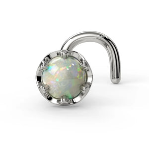 Reina Ethiopian Opal Nose Ring in 14K White Gold with crown-set Ethiopian Opal - for nostril piercings