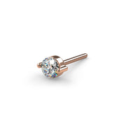 14k rose gold duo-prong VS1 diamond threadless stud end, angled side view showing pin post