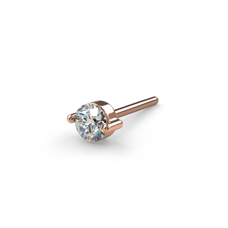 14k rose gold duo-prong VS1 diamond threadless stud end, angled side view showing pin post
