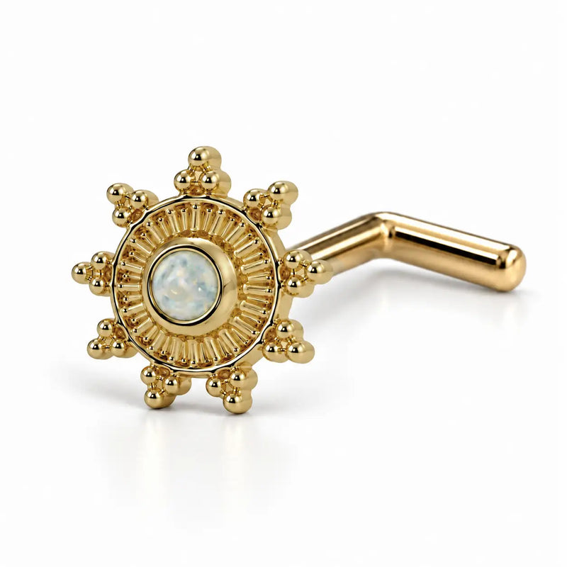 Surya's Fire Opal Nose Ring in 14k yellow gold — L-post style