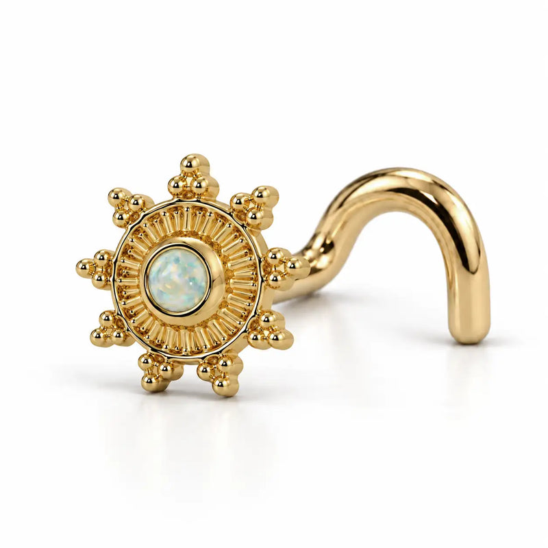 Surya's Fire Opal Nose Ring in 14k yellow gold — twist post style