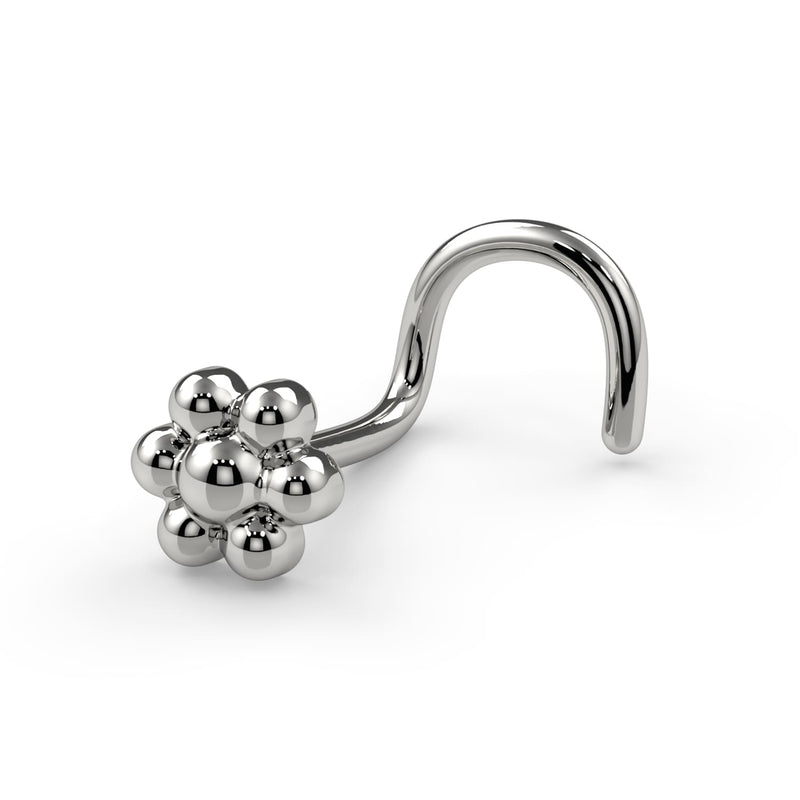 14k white gold flower nose ring with twist screw backing, angled front view