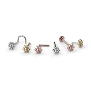 Flower nose ring in white gold, yellow gold, and rose gold shown in multiple backing styles
