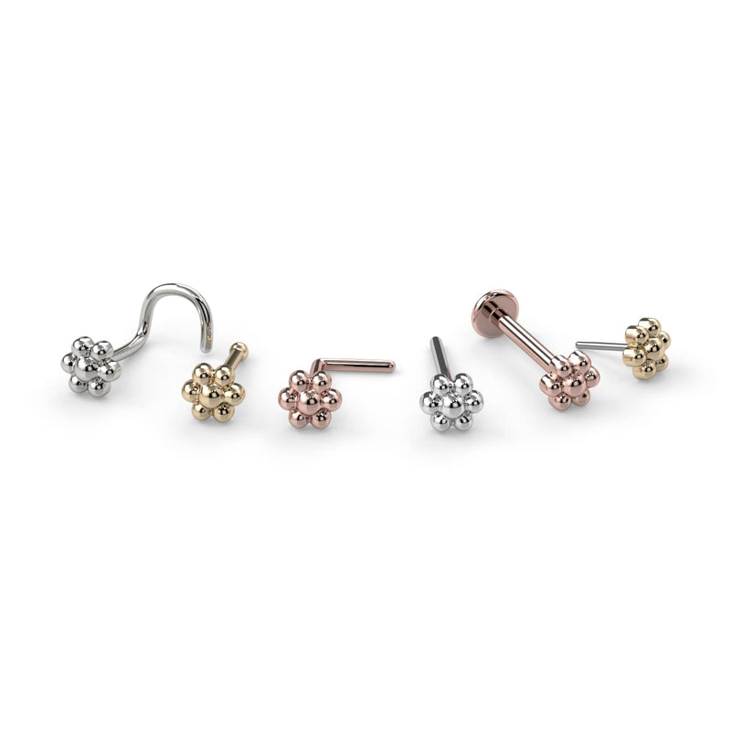 Flower nose ring in white gold, yellow gold, and rose gold shown in multiple backing styles