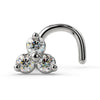 14k white gold trinity diamond nose ring twist style showing screw backing and three-stone cluster