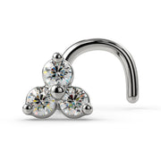 14k white gold trinity diamond nose ring twist style showing screw backing and three-stone cluster