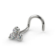 14k white gold trinity diamond nose ring twist style, angled view showing screw curve and cluster head