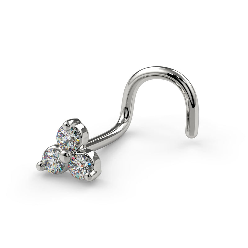 14k white gold trinity diamond nose ring twist style, angled view showing screw curve and cluster head