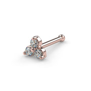 14k rose gold trinity diamond nose ring bone style, angled view showing straight post with ball end