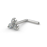 14k white gold trinity diamond nose ring L-post style, angled view showing right-angle backing