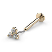 14k yellow gold trinity diamond flatback labret nose stud showing flat disc backing and pushpin post