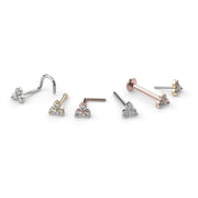 All backing styles of trinity diamond nose ring: twist, bone, L-post, straight post, and flatback in three gold colors