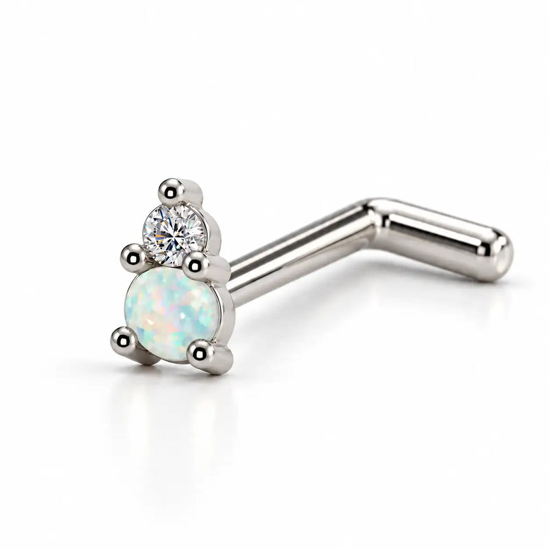 14k white gold L'Amour Venus & Mars nose ring with opal and diamond, L-post style