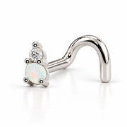 14k white gold L'Amour Venus & Mars nose ring with opal and diamond, twist style