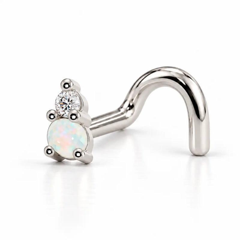 14k white gold L'Amour Venus & Mars nose ring with opal and diamond, twist style