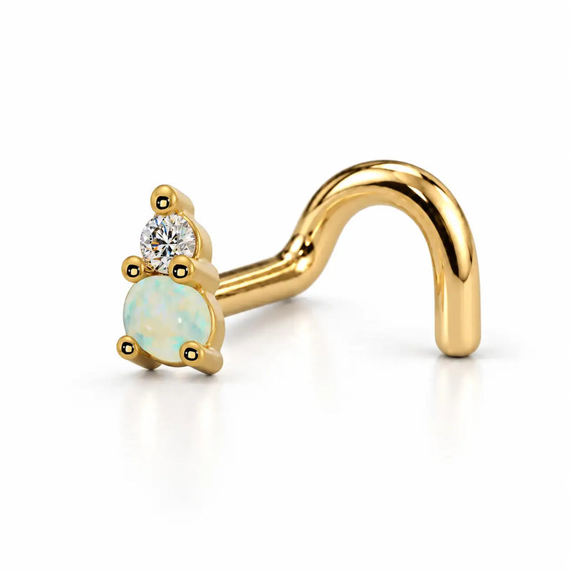 14k yellow gold L'Amour Venus & Mars nose ring with opal and diamond, twist style