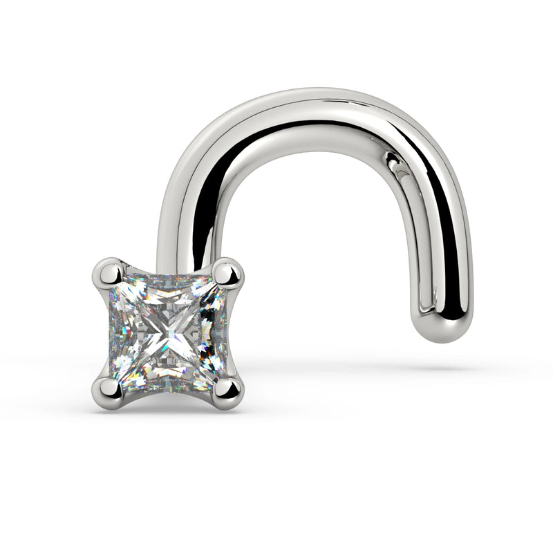 14k white gold princess-cut diamond nose ring with twist screw style, side profile view