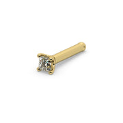 14k yellow gold princess-cut diamond nose ring straight post style, angled view with ball-tipped post
