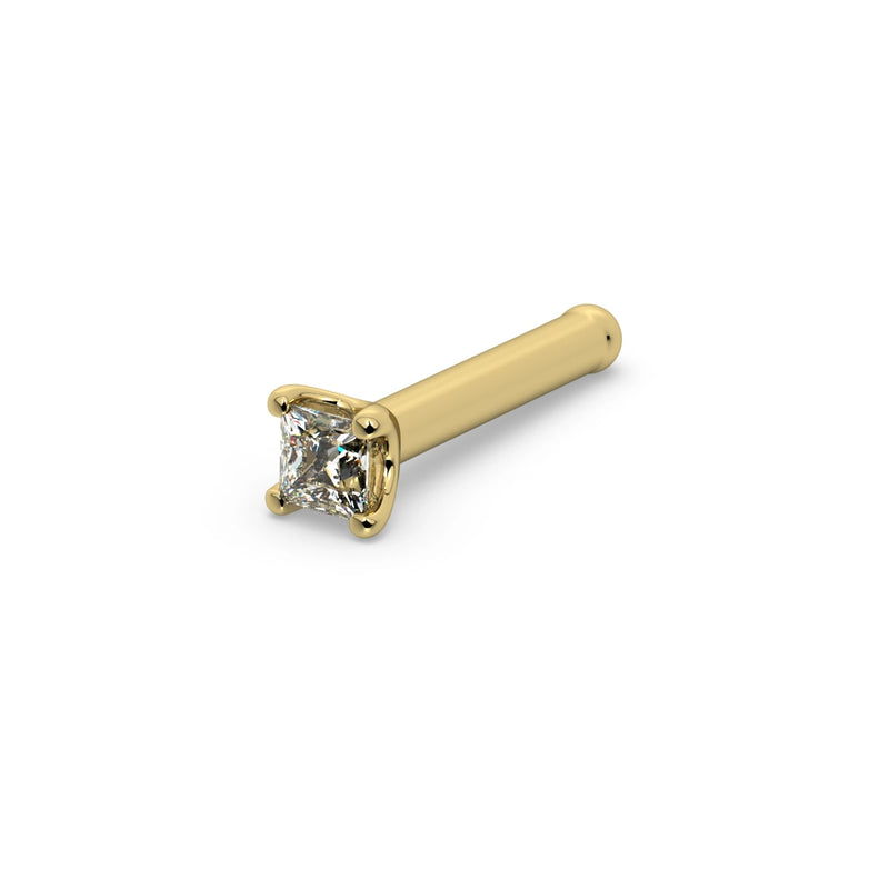 14k yellow gold princess-cut diamond nose ring straight post style, angled view with ball-tipped post