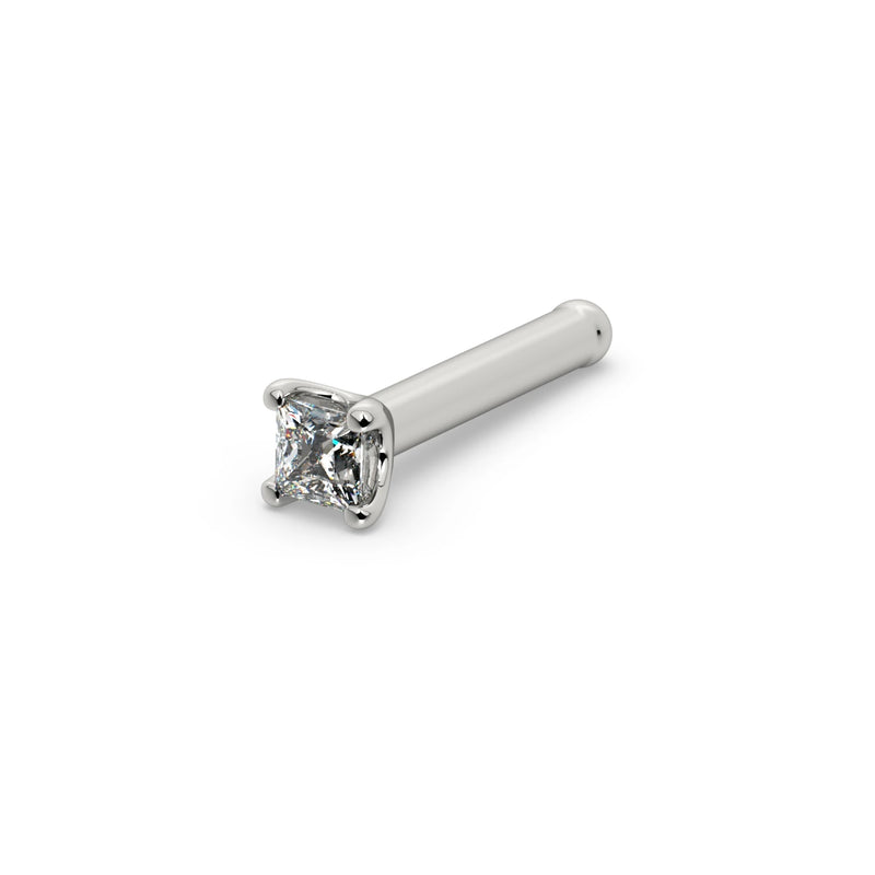 14k white gold princess-cut diamond nose ring straight post style, angled view showing post and prong setting