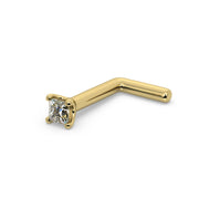 14k yellow gold princess-cut diamond nose ring with L-post style, side angle showing bend