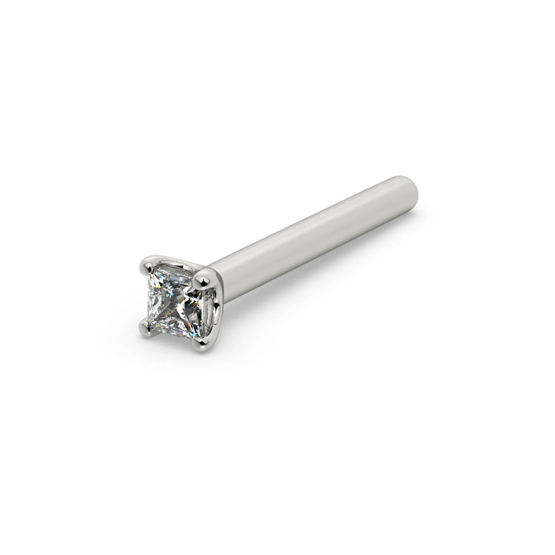 14k white gold princess-cut diamond nose bone stud, angled view showing straight post with rounded tip