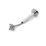 14k white gold 1.5mm princess-cut diamond threadless flat back labret, angled view with push-pin end separated