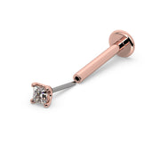 14k rose gold 1.5mm princess-cut diamond threadless flat back labret, angled view with push-pin end detached
