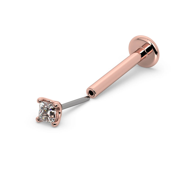 14k rose gold 1.5mm princess-cut diamond threadless flat back labret, angled view with push-pin end detached