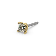 14k yellow gold 1.5mm princess-cut diamond end only, angled side view showing four-prong setting on titanium pin