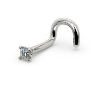 14k white gold princess-cut diamond nose screw twist style, angled view showing spiral post