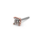 14k rose gold 1.5mm princess-cut diamond end only, angled view showing four rose gold prongs on titanium push pin