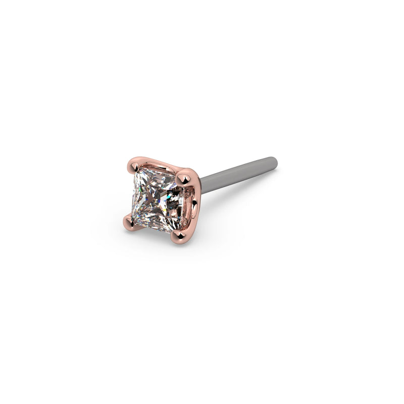 14k rose gold 1.5mm princess-cut diamond end only, angled view showing four rose gold prongs on titanium push pin