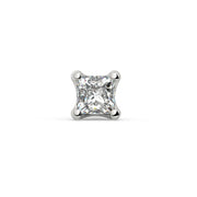 14k white gold 1.5mm princess-cut diamond stud end, straight-on front view of four-prong square setting