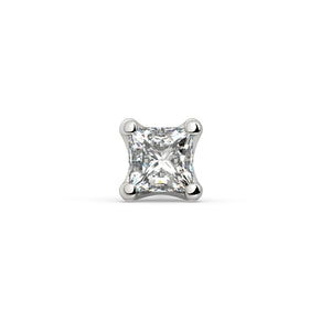 14k white gold 1.5mm princess-cut diamond stud end, straight-on front view of four-prong square setting