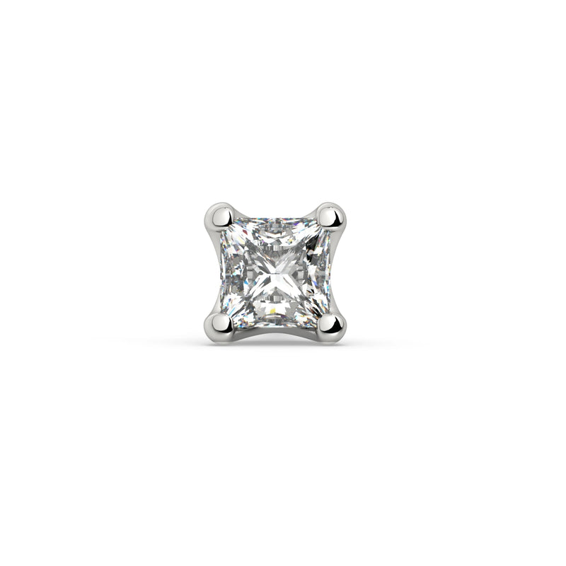 14k white gold 1.5mm princess-cut diamond stud end, straight-on front view of four-prong square setting