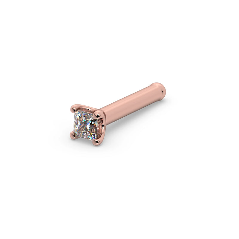 14k rose gold princess-cut diamond pushpin end only, angled view showing rose gold prong setting on pin