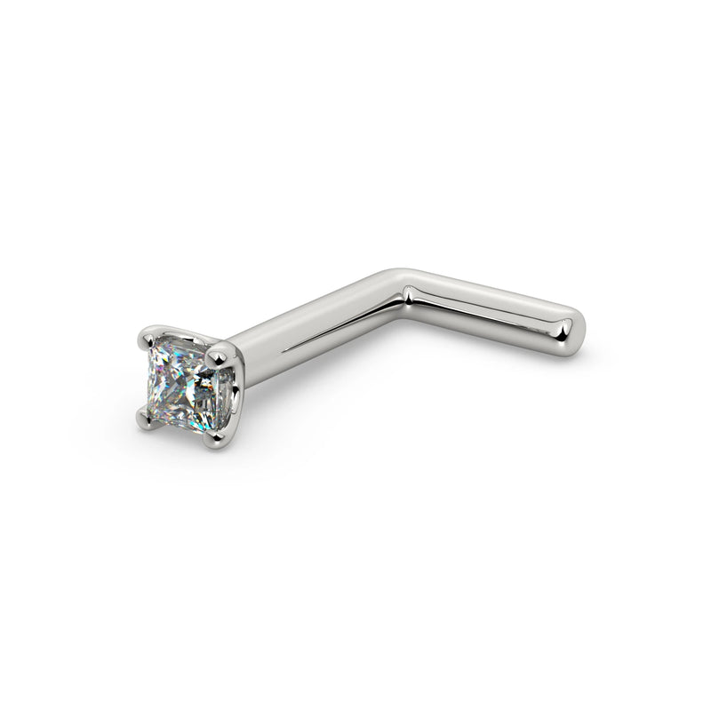 14k white gold princess-cut diamond nose ring with L-post style, angled view showing post bend