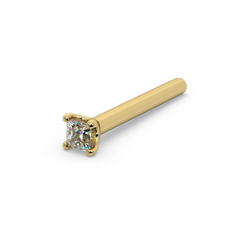 14k yellow gold princess-cut diamond nose bone stud, angled view showing straight post with ball end