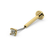14k yellow gold 1.5mm princess-cut diamond threadless flat back labret, angled view with push-pin end separated