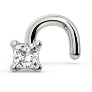 14k white gold princess-cut diamond nose ring with twist backing, angled side view