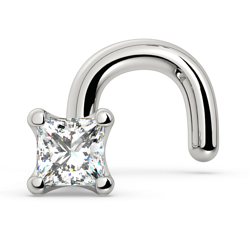 14k white gold princess-cut diamond nose ring with twist backing, angled side view