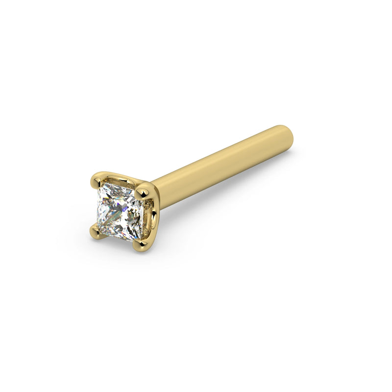 14k yellow gold 1.75mm princess-cut diamond nose ring, straight post style, angled product view