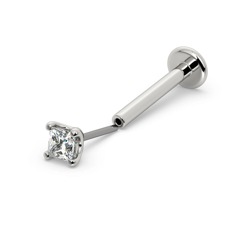 14k white gold princess-cut diamond flat back labret stud, separated end and post showing push-pin connection
