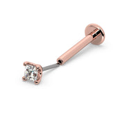 14k rose gold princess-cut diamond flat back labret stud, separated end and post showing push-pin connection