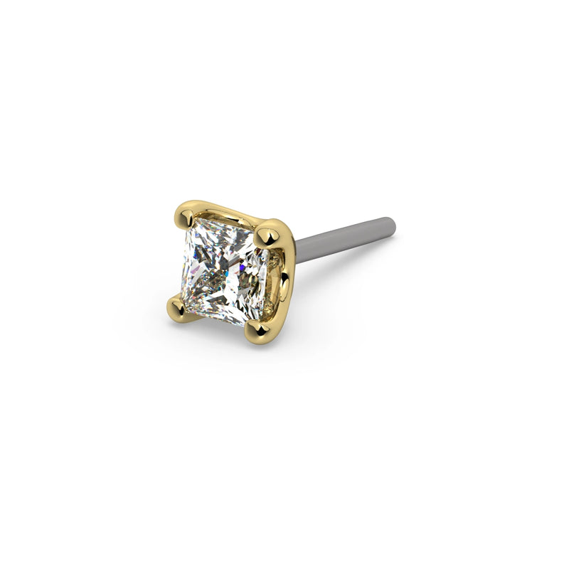 14k yellow gold 1.75mm princess-cut diamond threadless push-pin end only with titanium post, angled view
