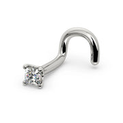 14k white gold 1.75mm princess-cut diamond nose screw, side profile showing curved twist post