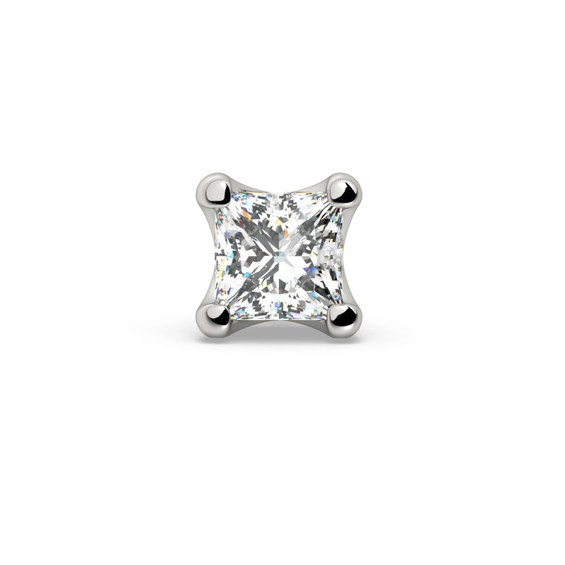 14k white gold 1.75mm princess-cut diamond labret end, straight-on front view of four-prong setting