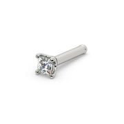 14k white gold princess-cut diamond nose bone stud, angled view showing straight post with ball end