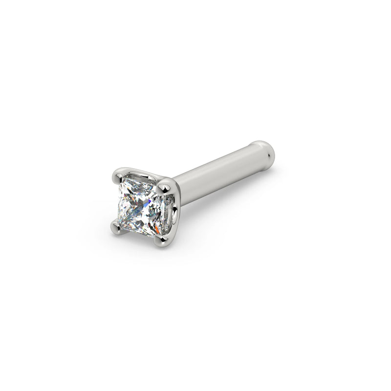 14k white gold princess-cut diamond nose bone stud, angled view showing straight post with ball end